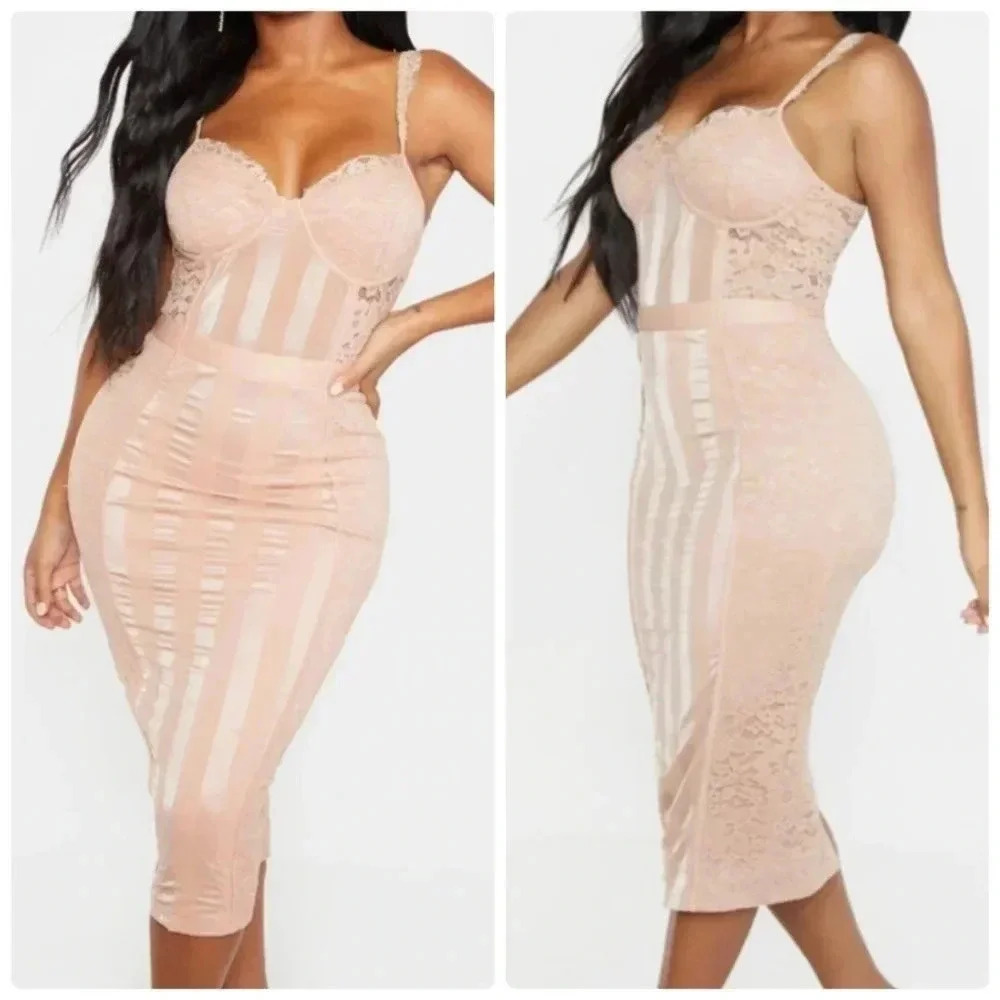 PrettyLittleThing Shape Stone Lace Mesh Lingiere Style Dress Tan Beige 8